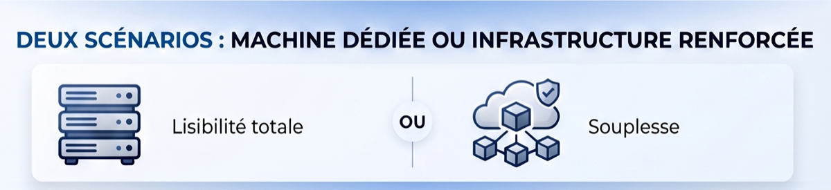 Comparaison visuelle entre machine dédiée et infrastructure renforcée pour héberger une IA locale.