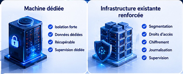 Deux approches pour un LLM local : machine dédiée ou infrastructure existante renforcée.