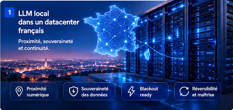 LLM local dans un datacenter français, avec proximité numérique, souveraineté des données, blackout ready et réversibilité.