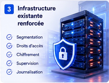 Infrastructure existante renforcée avec segmentation, droits d’accès, chiffrement, supervision et journalisation.